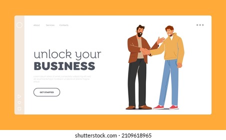 Congratulating with Success Landing Page Template. Businessman Company Boss Shaking Hand to Office Employee, Director Congratulate Worker for Successful Work, Encouraging. Cartoon Vector Illustration