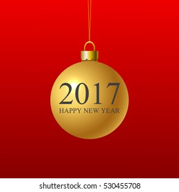 Congratulation 2017 Happy New Year. Gold Christmas ball on red background. Christmas tree bauble decoration. Vector Illustration.