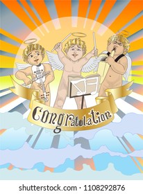 Congratulation with 3 cupid angle playing violin, conductor, saxophone, musical vector cartoon acting art vintage style, Background sun and cloud on the sky meaning is powerful greeting card design