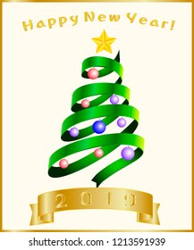 Congratulation, banner, card with the New Year 2019. Beautiful ribbon in the shape of a New Year tree with a golden five-pointed star.