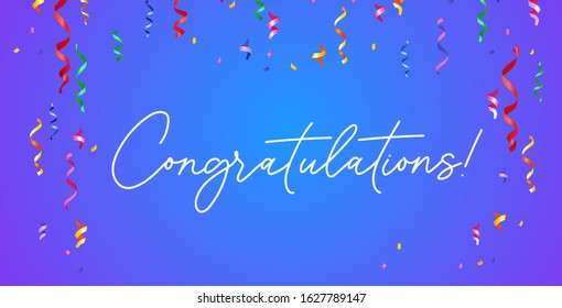 Congratulation banner with confetti on blue gradient background vector illustration. Congrats template with white lettering. Festive ribbons and serpentine falling down