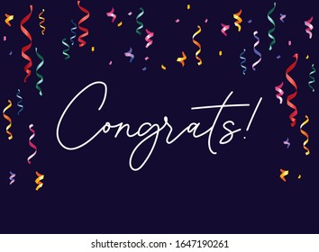 Congratulation banner with confetti on dark background vector illustration. Congrats white lettering card. Bright colourful falling ribbons and confetti. Greeting and holiday concept