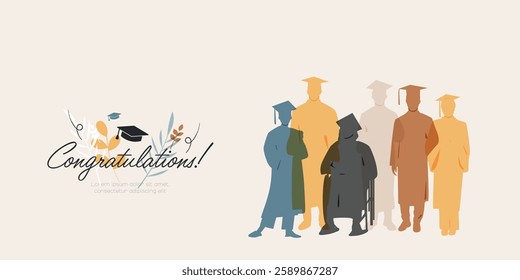 Congratulation! banner. Graduation concept. Group of graduated students, wearing academic gowns and graduation caps.