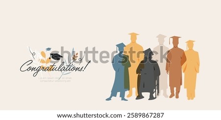 Congratulation! banner. Graduation concept. Group of graduated students, wearing academic gowns and graduation caps.