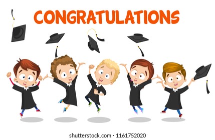 Congratulation banner with happy graduates children. Smiling boys and girls throwing up his hat. Little student in black cloak and graduation cap. Cheerful graduates celebrating vector illustration