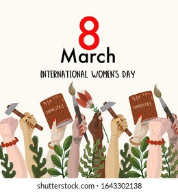 Congratulation banner on March 8 with the image of female hands symbolizing feminism. Vector.