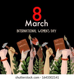 Congratulation banner on March 8 with the image of female hands symbolizing feminism. Vector.
