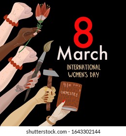 Congratulation banner on March 8 with the image of female hands symbolizing feminism. Vector.