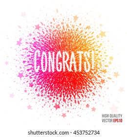Congratulation beautiful design element for greeting card template layout with splash, particles and artistic explosion effect for party, holiday, festival and celebration concept. Red, yellow vector.