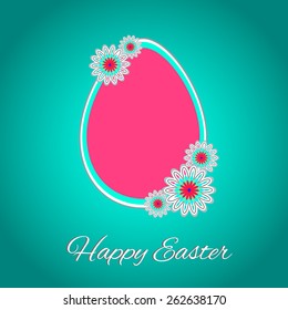 Congratulation. Big pink egg on the blue background. Vector illustration.