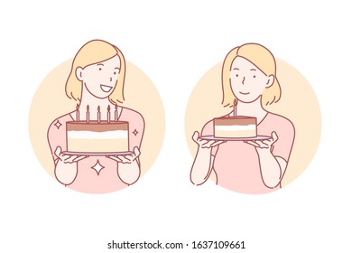 Congratulation, birthday cake set concept. Young satisfied woman is giving pastry away. Happy cheerful girlfriend congratulates with birthday and gifts holiday cake. Simple flat vector