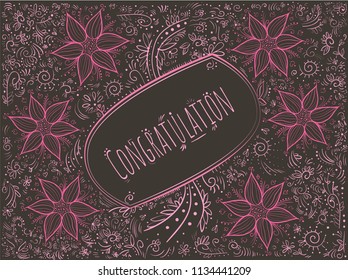 Congratulation  black greeting card with tender pink doodle flowers