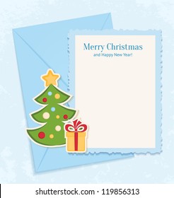 Congratulation blue retro background with Christmas tree, gift and letter