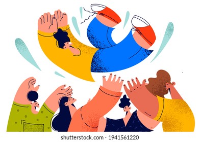 Congratulation, business success and celebration concept. Happy people business partners tossing up colleague celebrating success in corporate business goal in team vector illustration 