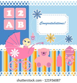 Congratulation card with baby and toys