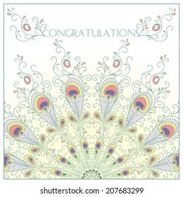 Congratulation card with beautiful pattern of peacock feathers. Vector Illustration.