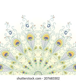 Tarjeta de felicitación con hermoso patrón de plumas de pavo real. Ilustración vectorial.