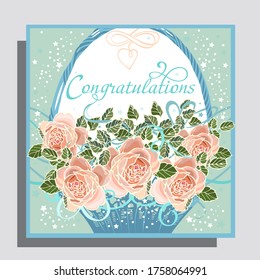 Congratulation card with beautiful roses in a bucket