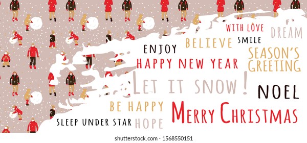 Congratulation card for christmas. pattern with people outdoor in the minimalistic flat design with place for text