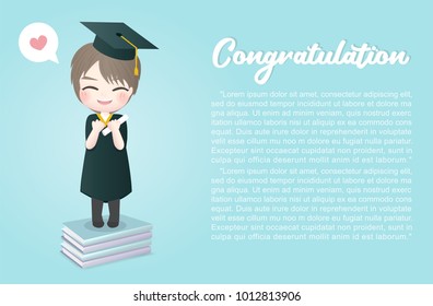 Congratulation card with a cute boy standing on top of books and holding a certificate, happy boy graduated, invitation card design vector illustration.