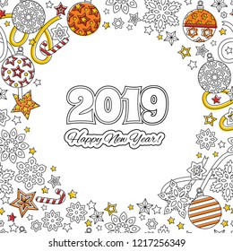 Congratulation card Happy New year 2018. Wreath consisting of christmas festive elements.