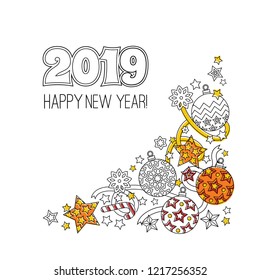 Congratulation card Happy New year 2018. Wreath consisting of christmas festive elements.