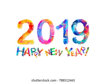 Congratulation card. Happy New Year 2019. Vector triangular letters