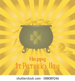 Congratulation card Happy Saint Patrick's Day, lettering and pot with golden coins, stock vector illustration