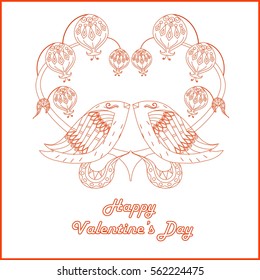 Congratulation card Happy Valentine's Day, red sketch of loving birds, stylized heart on white, fabric print, stock vector illustration