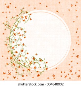 congratulation card with many little abstract orange flowers on curve branch, textured background, vector illustration