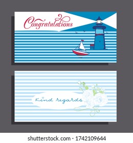 Congratulation card with marine motives and roses white bouquet.