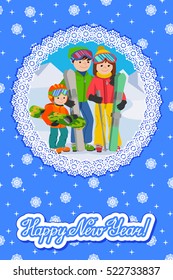 Congratulation card new year with man, woman, boy, skiing in snow mountain. Family winter sport vector illustration lettering.