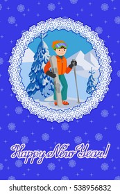 Congratulation card new year with man on the mountain by ski equipped. Smiling happy skier.