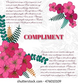 congratulation  card. on decorated flowers and leaves  background.  template , gift certificate, party invitation, compliment