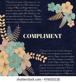 congratulation  card. on decorated flowers and leaves  background.  template , gift certificate, party invitation, compliment