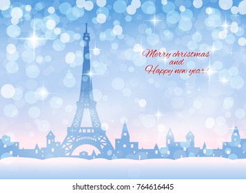 Tarjeta de felicitación, silueta de nevar ciudad invernal, azul claro y rosa cielo, nevada, Ilustración vectorial 
