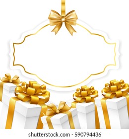 Congratulation card tamplate with frame, gold bow and gift boxes. Vector illustration.