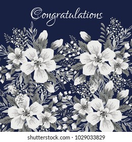 Congratulation card vector anemone flowers on blue background