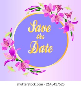 Congratulation card with very peri flowers butterfly colors and gold frame Vector