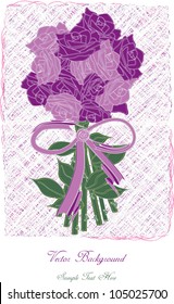 congratulation card with violet roses in bloom and violet ribbon isolated on structure grungy background with place for your text