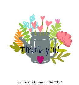 congratulation card with a watering can, pot , flowers and hearts. Vector.