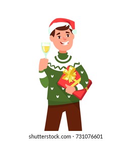 Congratulation with Christmas and New year holidays.Vector illustration happy man christmas sweater and santa hat makes a toast gift box hand
