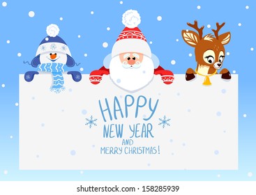 congratulation with Christmas and New Year Santa Claus with deer and snowman