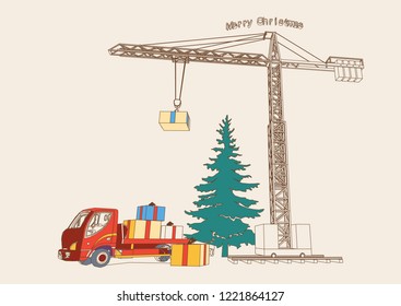 Congratulation with Christmas and New Year, the Christmas tree with the elevating crane, truck with gifts. Vector
