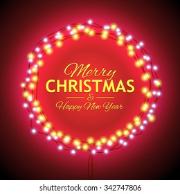 Congratulation to Christmas with red lights. Garlands of Red with the Words Merry Christmas.. Background on Sale, Discounts, Promotions in the Winter. Seasonal Advertising. Suitable for printing