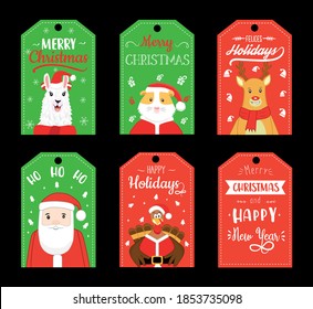 Congratulation Christmas tag  with different cartoon caracter such as santa claus,guinea pig,turkey,llama,reindeer,etc