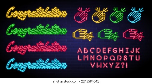 Congratulation and clap hand icon set with neon light glowing effect