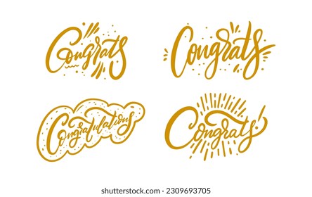 Congratulation or congrats lettering phrase set. Yellow or gold color vector art text. Isolated on white background.