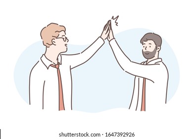 Congratulation, friendship, success, business concept. Young businessman greets his friend or partner boy with high five. Business people are happy and excited about finishing successful project.