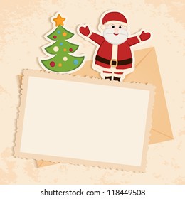 Congratulation gold retro background with Santa claus, Christmas tree and letter. You can use frame for your text or photo